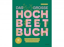 Cover von dem großen Hochbeetbuch in grün mit rosa Schrift und gezeichnetem Gemüse. Autorin Doris Kampas