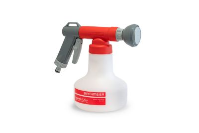 Kunststoff-Flasche zum Befüllen von Flüssigdünger mit Gießaufsatz und Ansteckvorrichtung für den Gartenschlauch in weiß, rot und grau