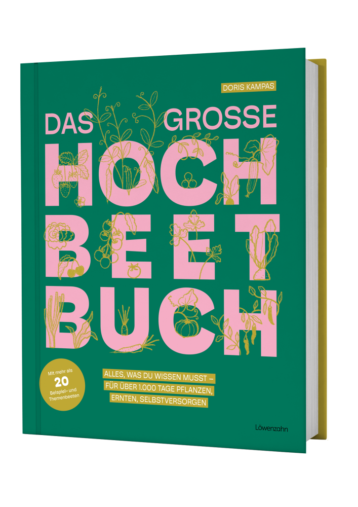 Seitenansicht vom Cover von dem großen Hochbeetbuch in grün mit rosa Schrift und gezeichnetem Gemüse. Autorin Doris Kampas
