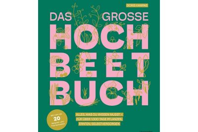 Cover von dem großen Hochbeetbuch in grün mit rosa Schrift und gezeichnetem Gemüse. Autorin Doris Kampas
